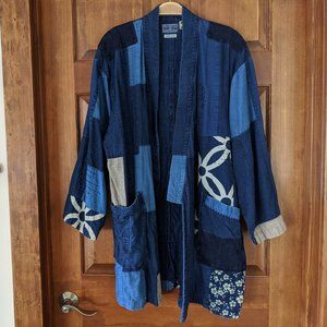 Blue Blue Japan Farmer Coat in patchwork indigo